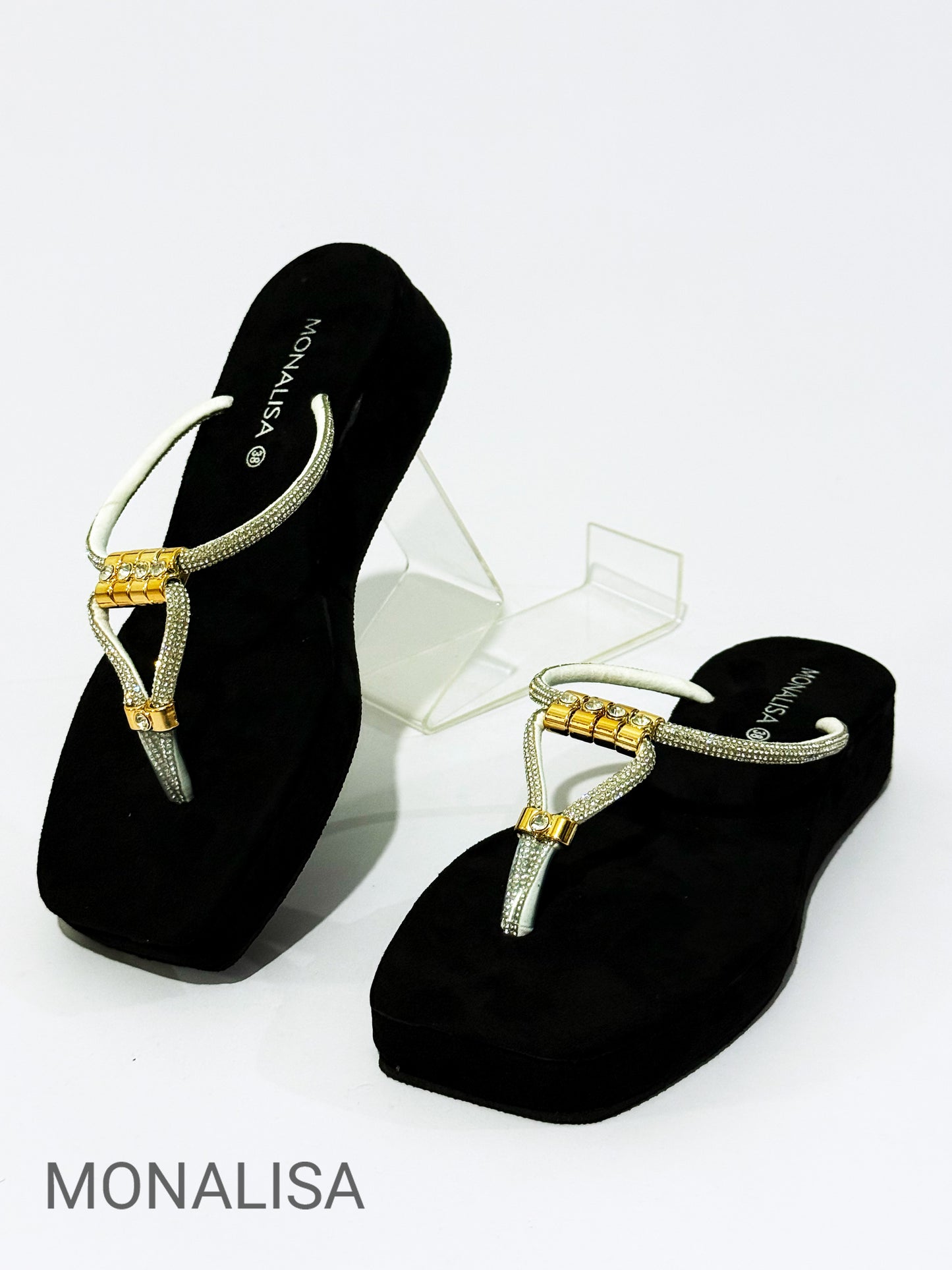 MONALISA Elegance Gold Rhinestone Platform Wedges - Luxury Comfort Wedge Sandals for Women