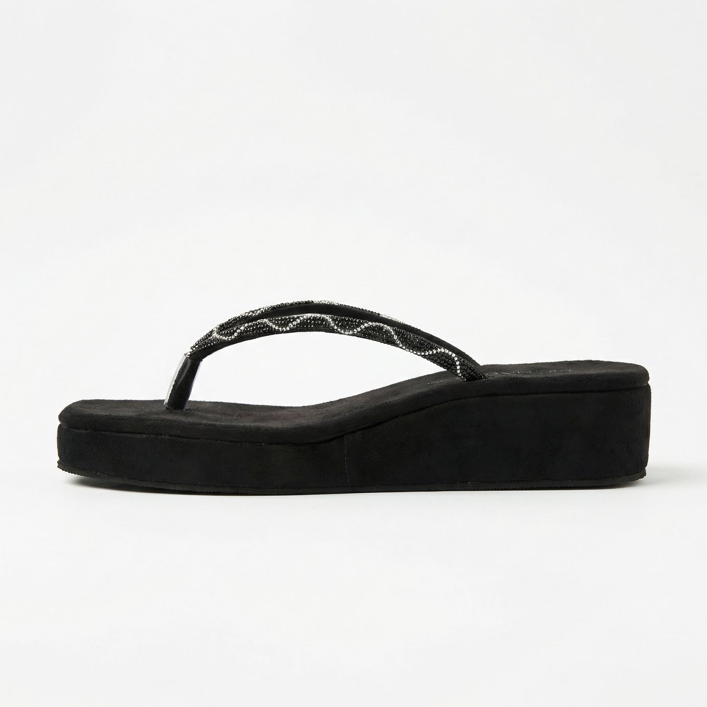 Women's Black Beaded Thong Sandals - Wavy Silver Flip Flops