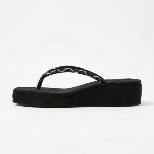 Women's Black Beaded Thong Sandals - Wavy Silver Flip Flops