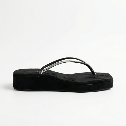 Double Row Rhinestone Wedge Flip Flops | Black