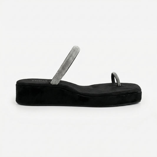 Crystal Toe-Loop Platform Sandals - Black