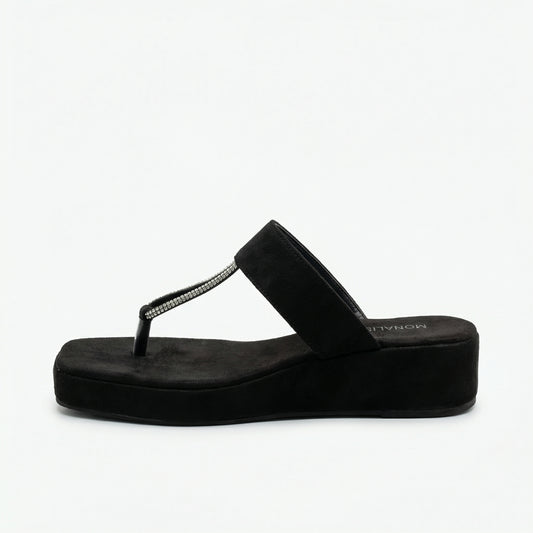 Sparkle T-Strap Square Toe Sandals - Black