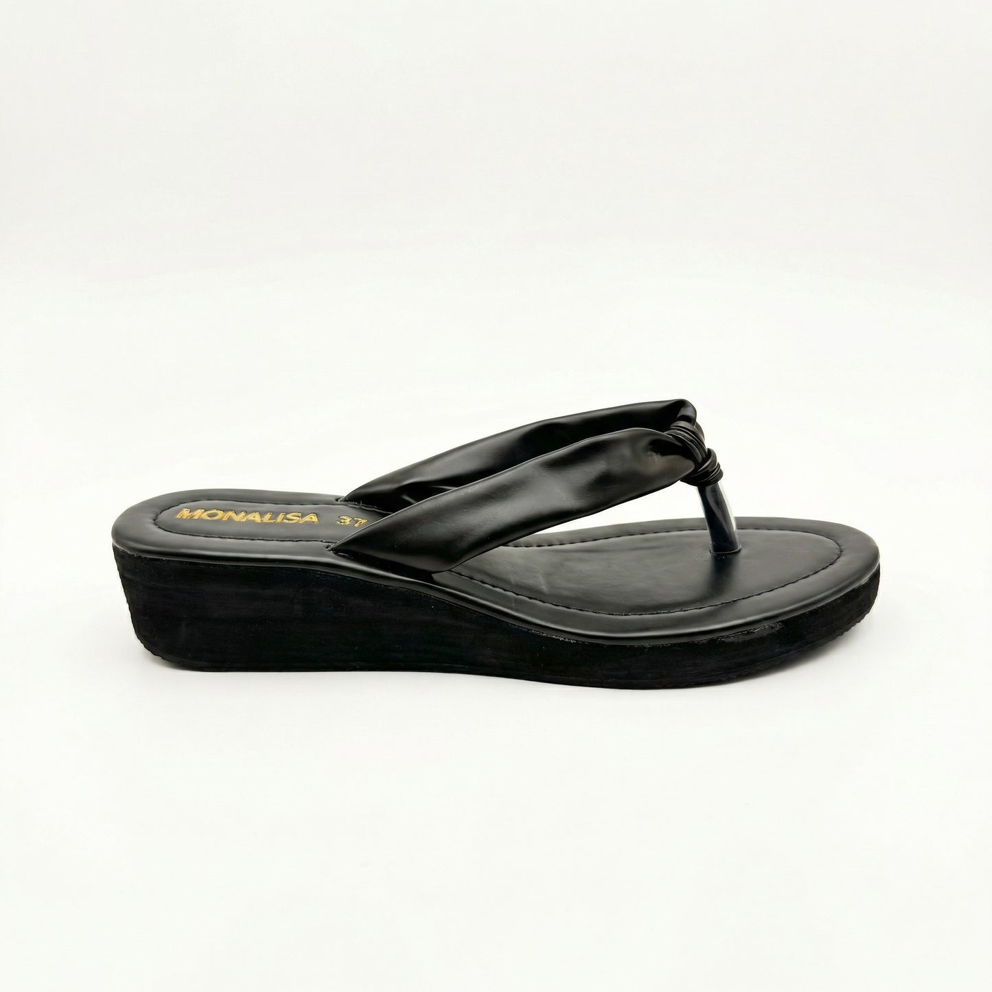 Black Ruched Strap Wedge Thong Sandals | Monalisa