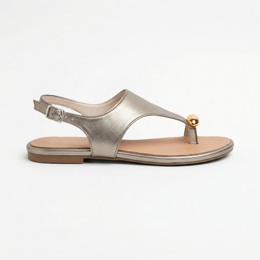 Metallic Champagne T-Strap Slingback Flat Sandals | Monalisa