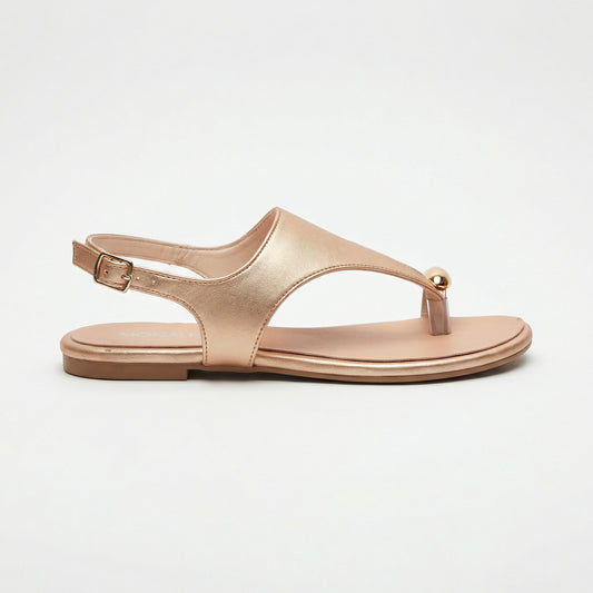 Metallic Rose Gold T-Strap Slingback Flat Sandals | Monalisa
