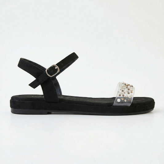 Women's Black Suede Pearl Embellished Flat Sandals | Monalisa