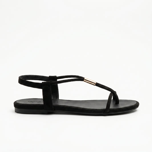 Black Suede Flat Sandals with Gold Bar Detail
