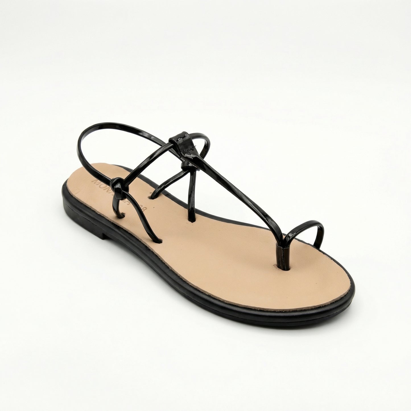 Black Patent Strappy Toe-Loop Flat Sandals | Monalisa