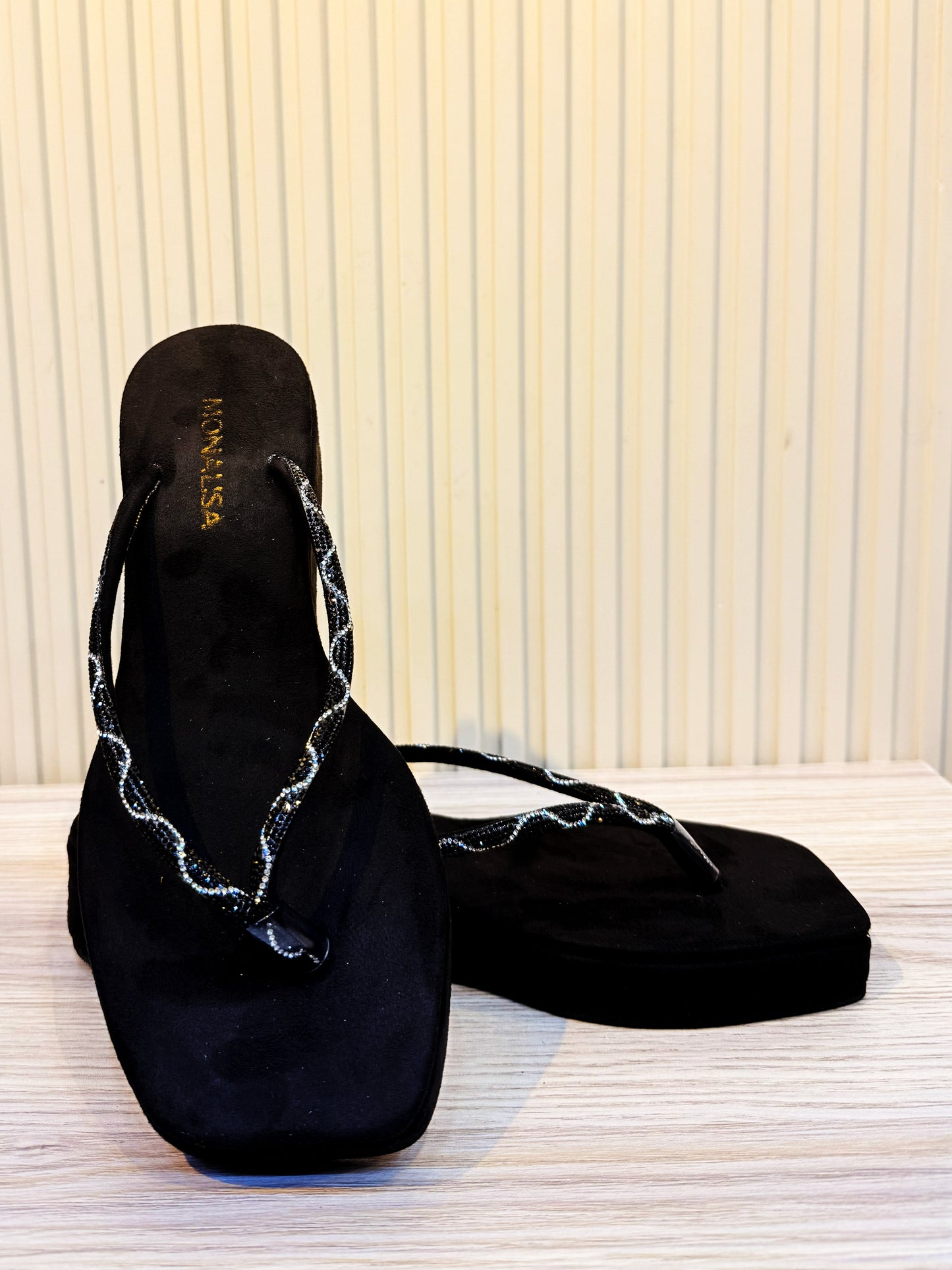 Women's Black Beaded Thong Sandals - Wavy Silver Flip Flops