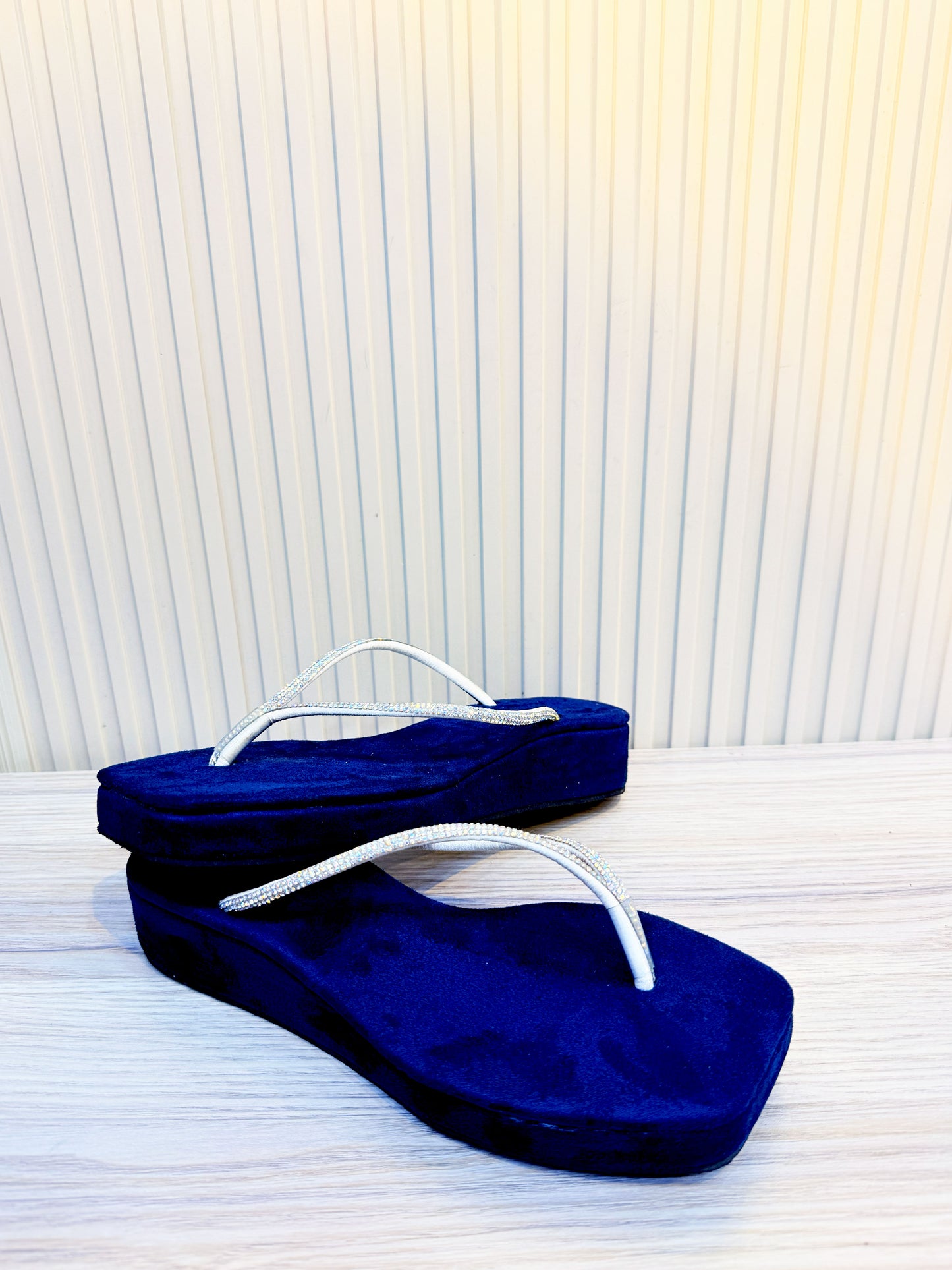 Rhinestone-Strap Velvet Wedges - Royal Blue