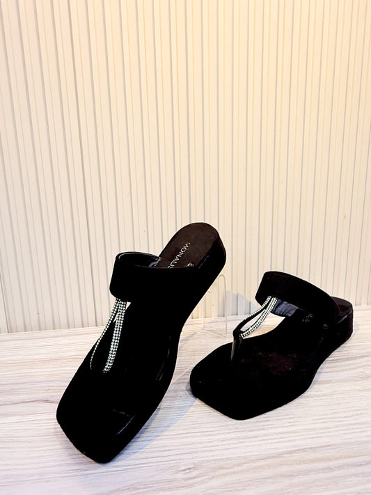 Sparkle T-Strap Square Toe Sandals - Black