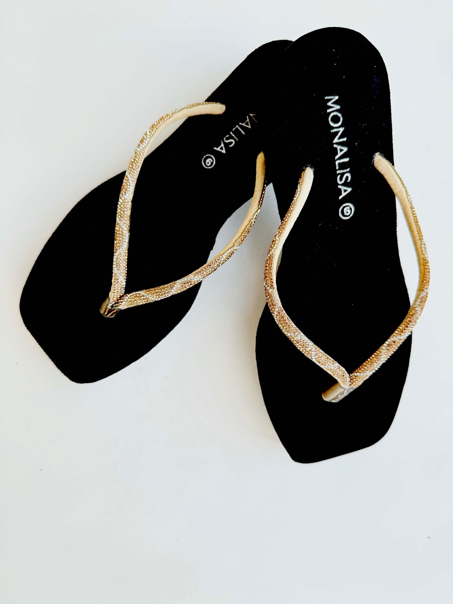 Women's Black Gold Beaded Thong Sandals - Sparkly Flat Flip Flops