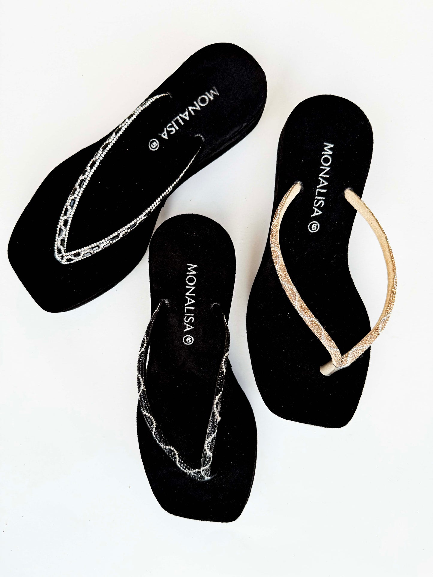 Women's Black Embellished Thong Sandals - Rhinestone and Beaded Flip Flops