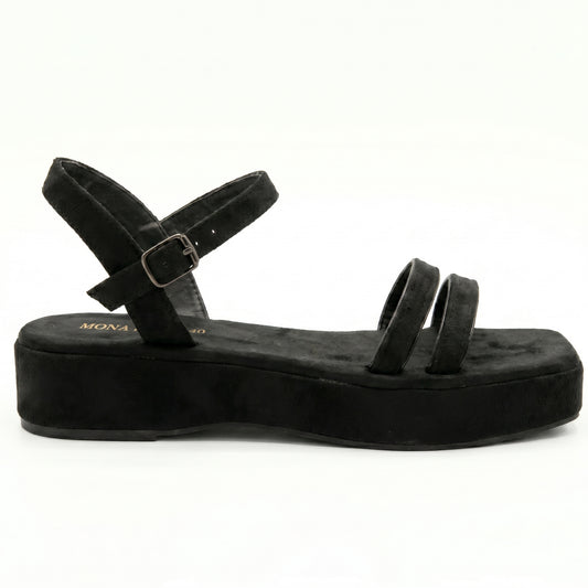 Black Suede Double Strap Flatform Sandals