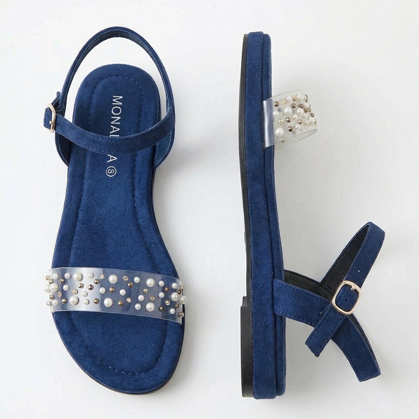 Navy Blue Suede Flat Sandals with Pearl Clear Strap | Monalisa