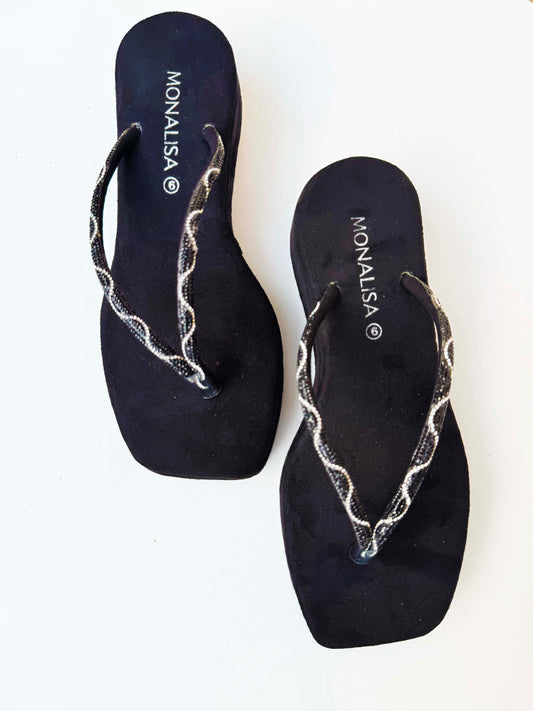 Women's Black Beaded Thong Sandals - Wavy Silver Flip Flops