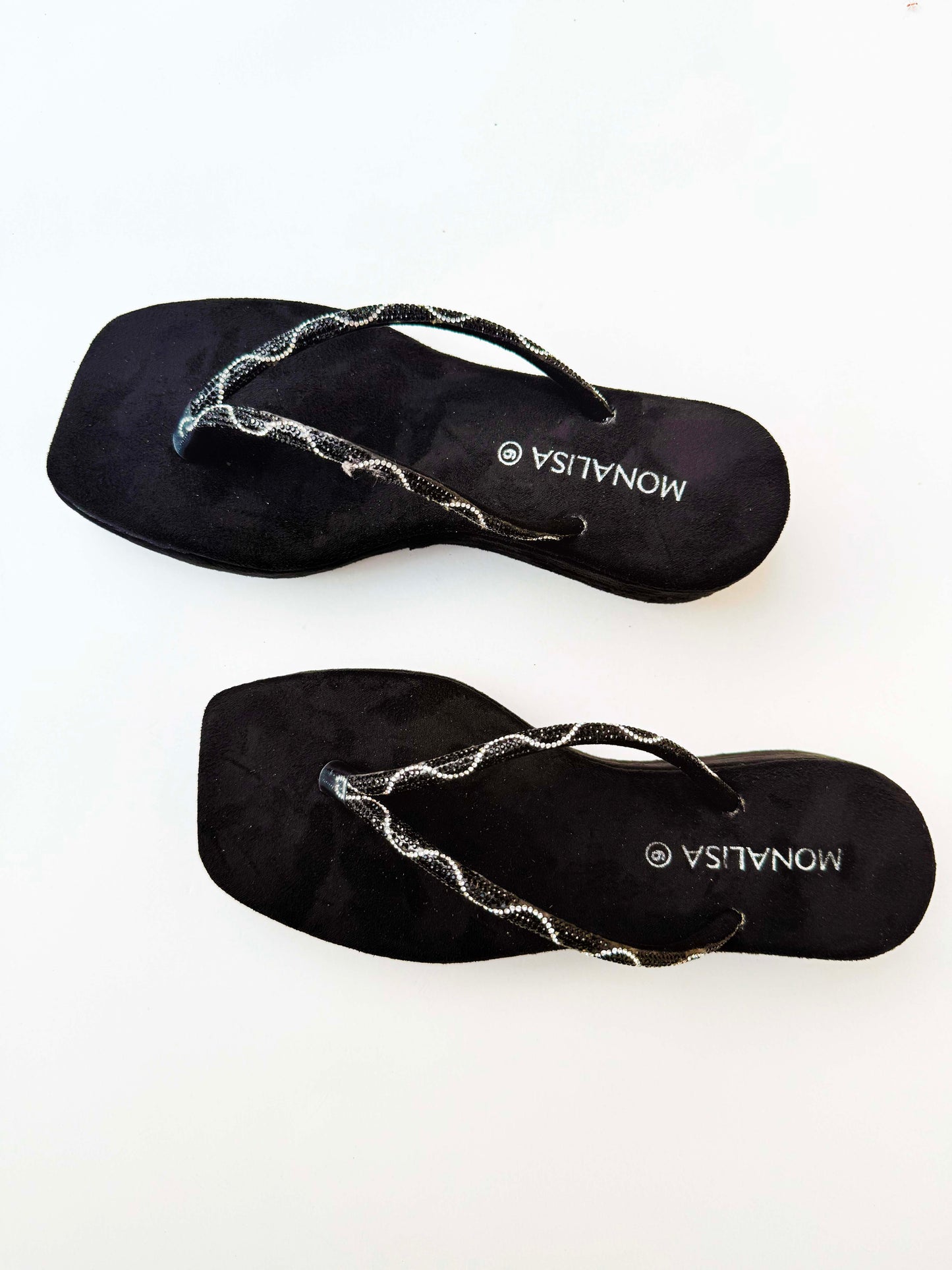 Women's Black Beaded Thong Sandals - Wavy Silver Flip Flops
