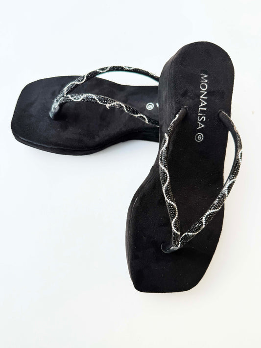 Women's Black Beaded Thong Sandals - Wavy Silver Flip Flops