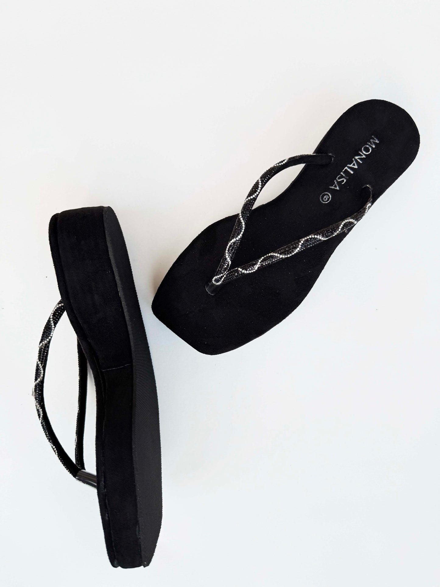 Women's Black Beaded Thong Sandals - Wavy Silver Flip Flops