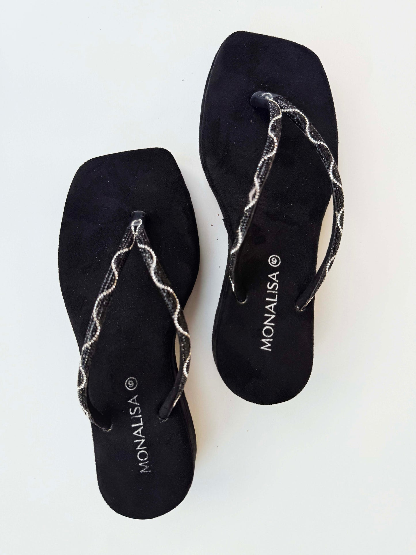 Women's Black Beaded Thong Sandals - Wavy Silver Flip Flops