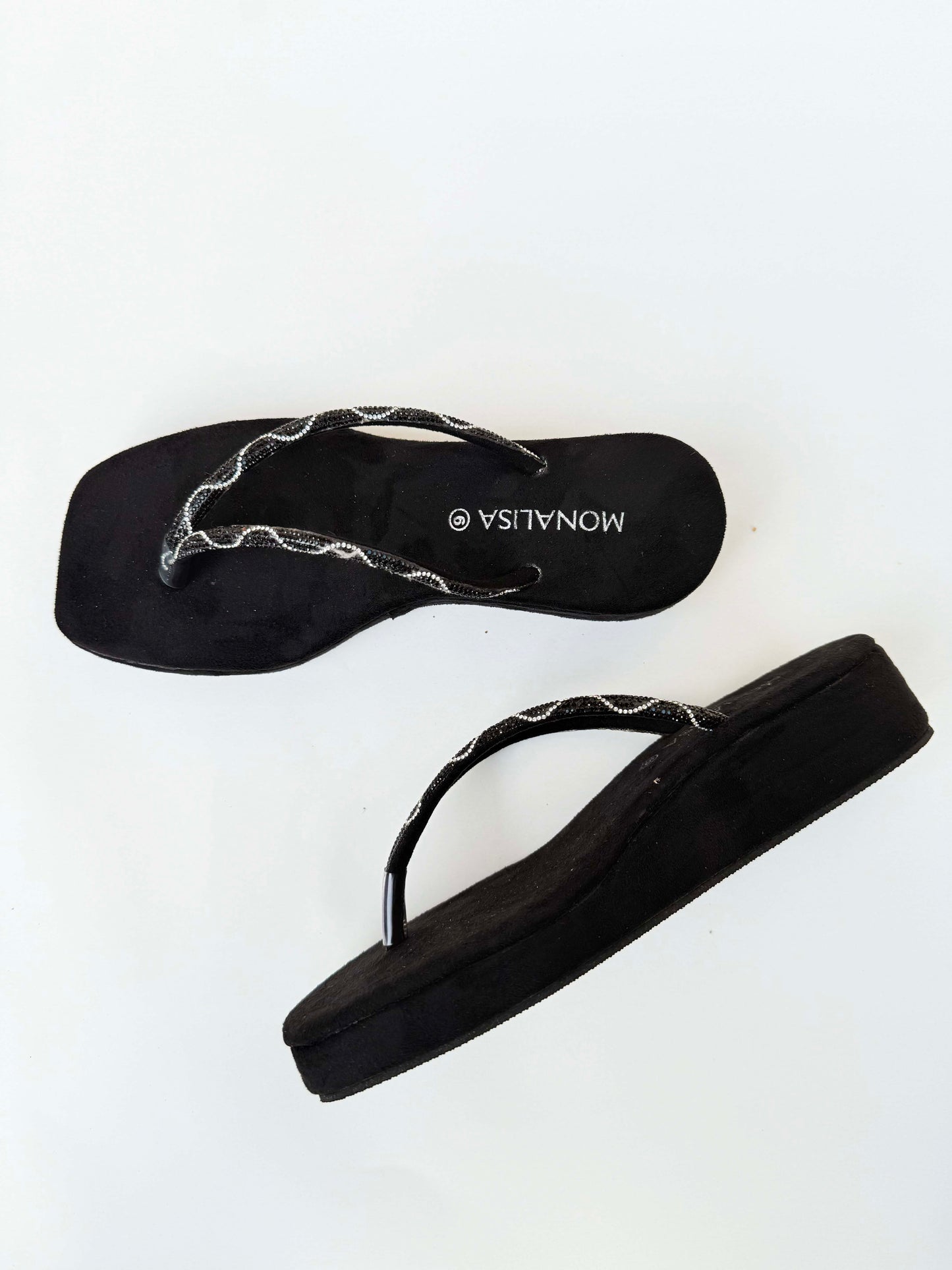 Women's Black Beaded Thong Sandals - Wavy Silver Flip Flops