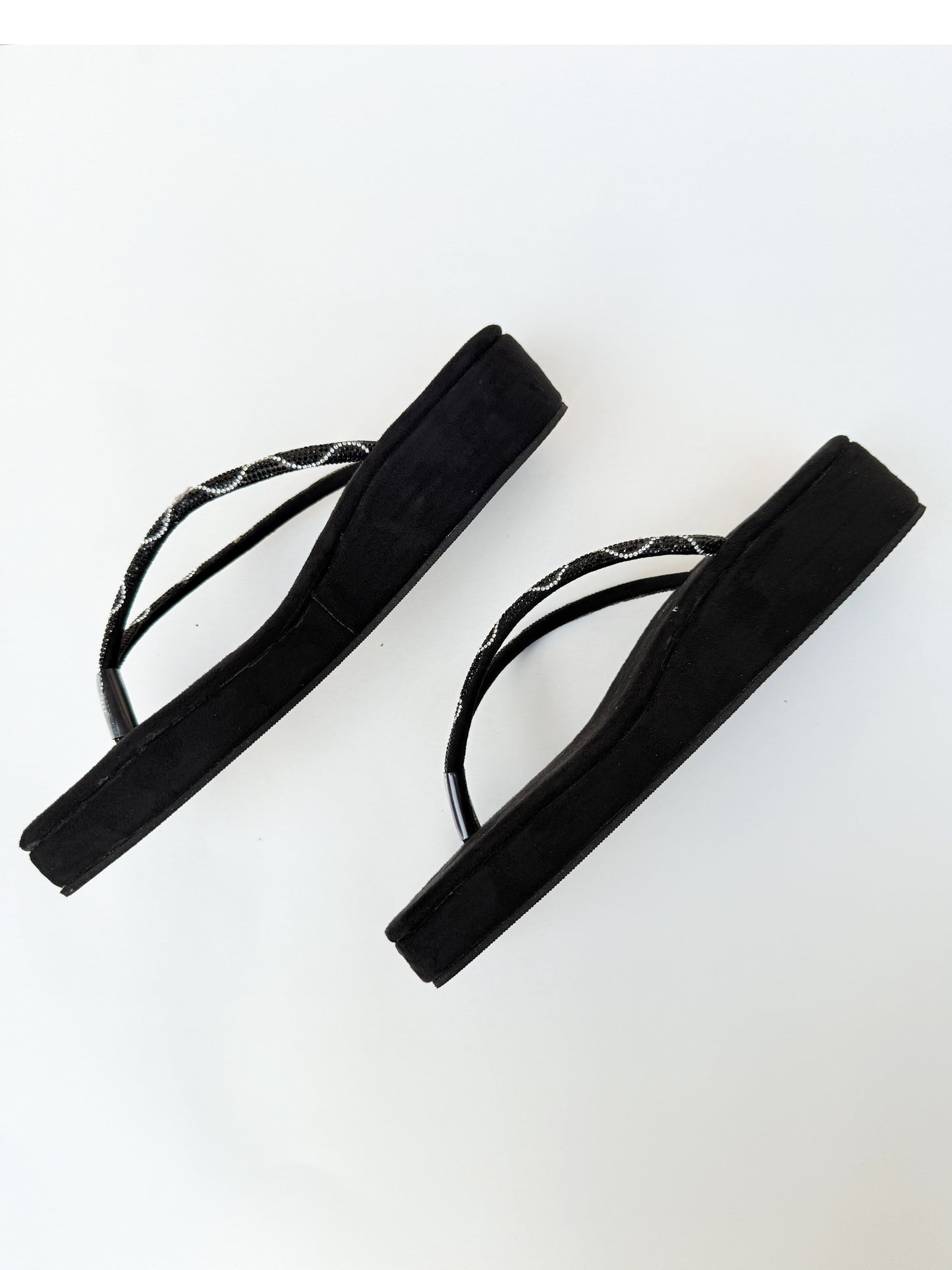 Women's Black Beaded Thong Sandals - Wavy Silver Flip Flops