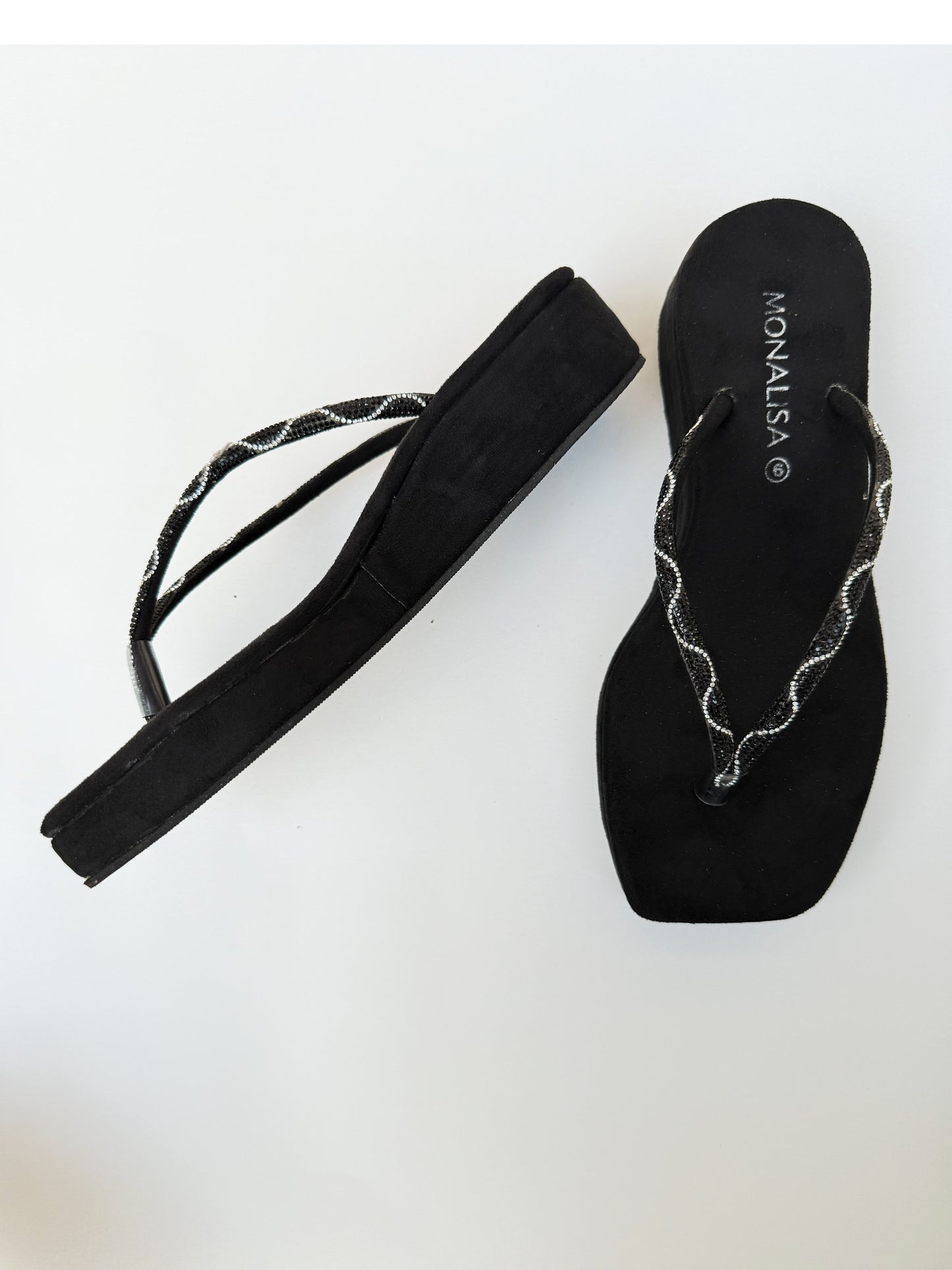 Women's Black Beaded Thong Sandals - Wavy Silver Flip Flops