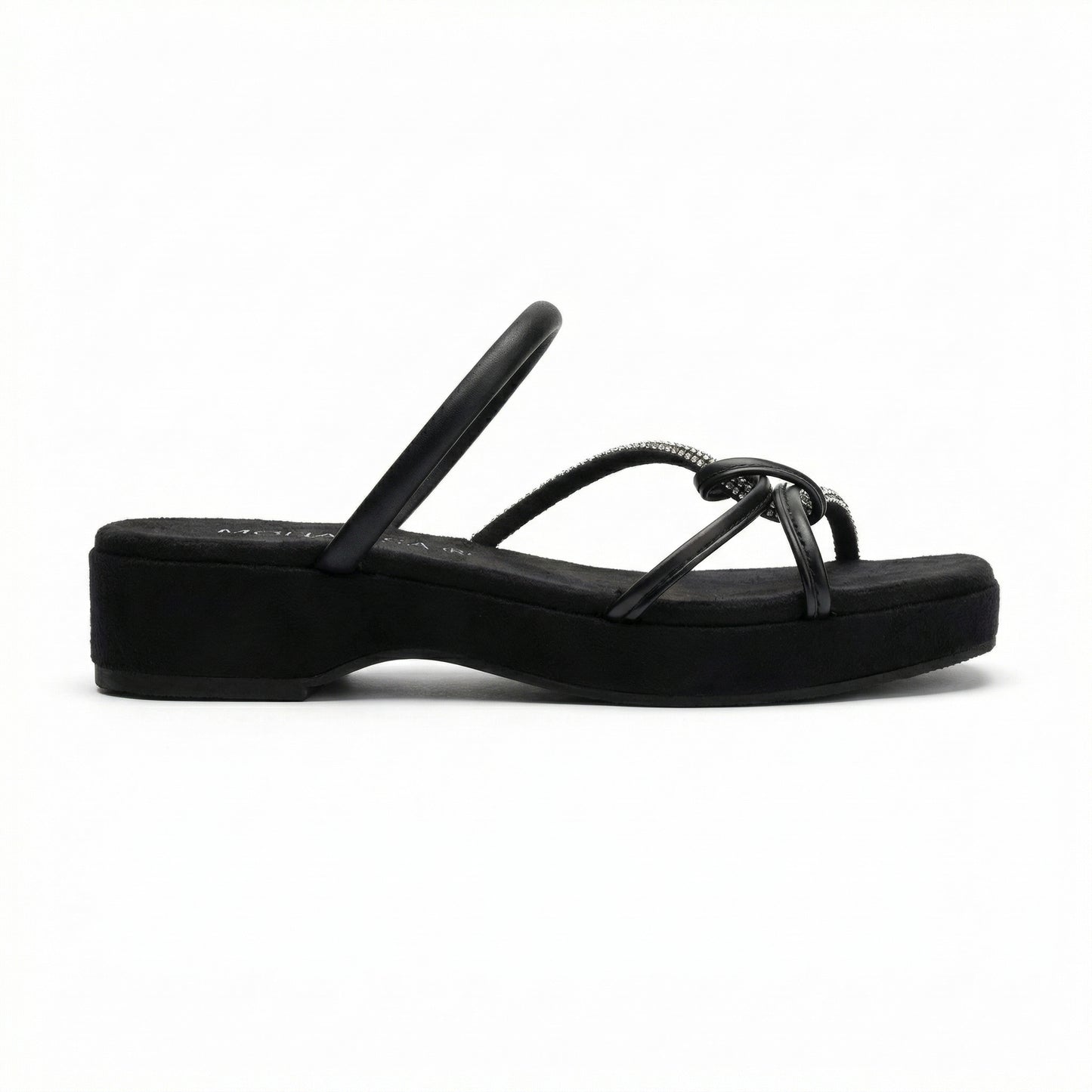 Women's Black Rhinestone Strap Sandals - Crystal Embellished Flat Slingback Footwear