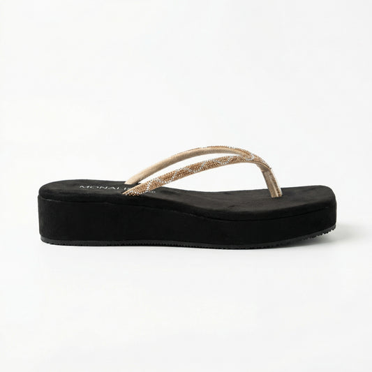Women's Black Gold Beaded Thong Sandals - Sparkly Flat Flip Flops