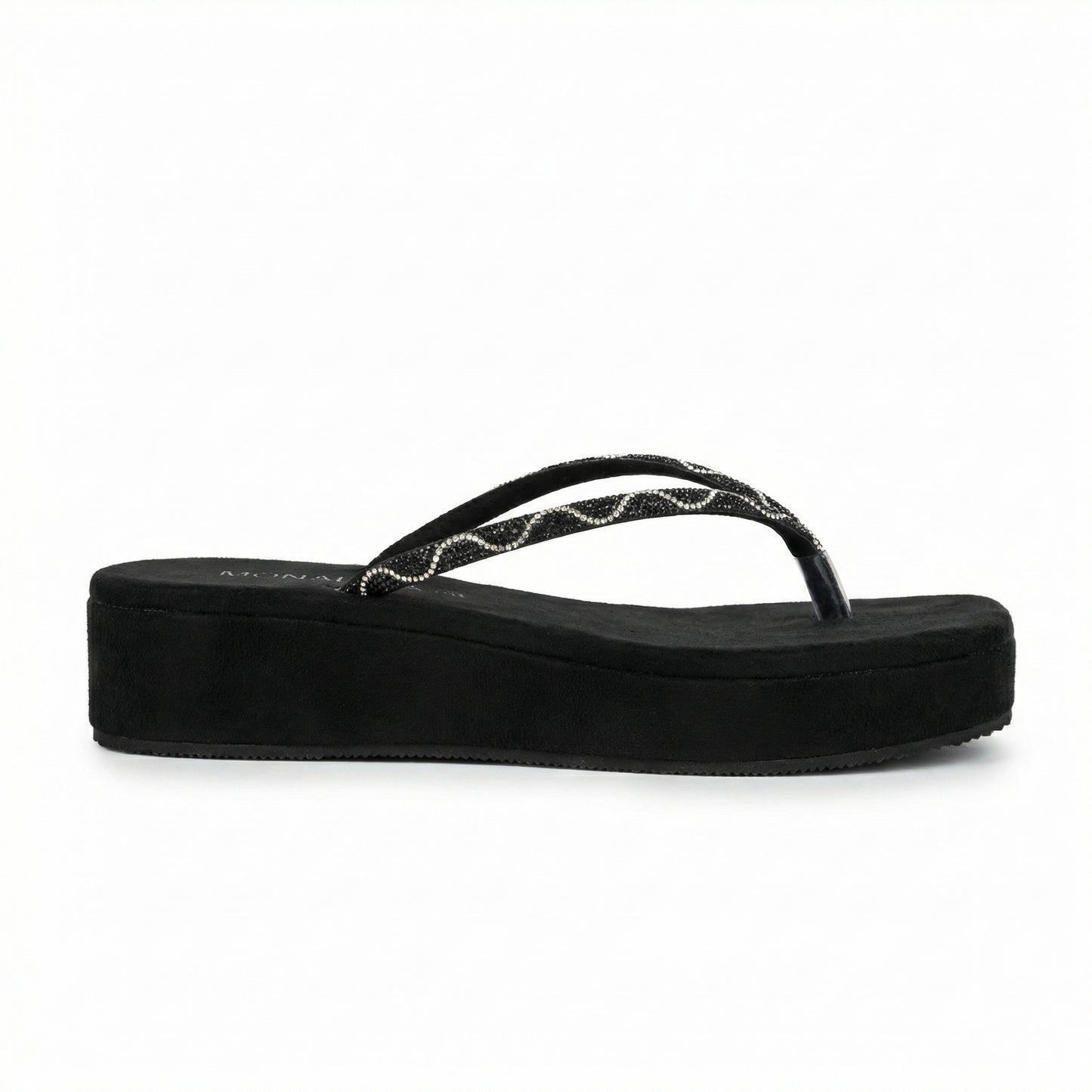 Black Suede Platform Thong Sandals with Rhinestone Straps | Monalisa