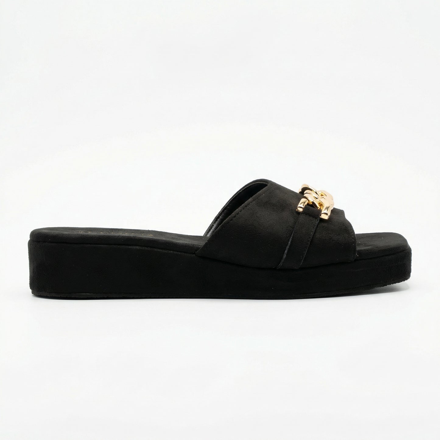 Women's Black Flat Slide Sandal with Gold Chain Accent | Monalisa