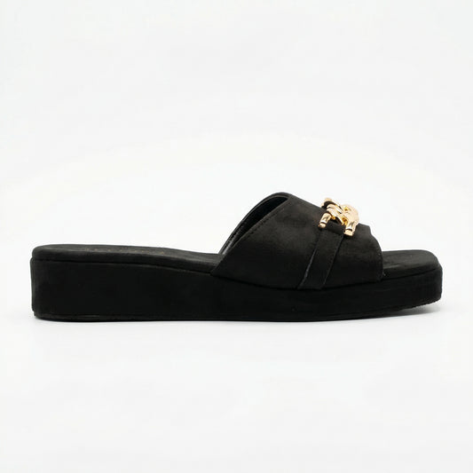Women's Black Flat Slide Sandal with Gold Chain Accent | Monalisa