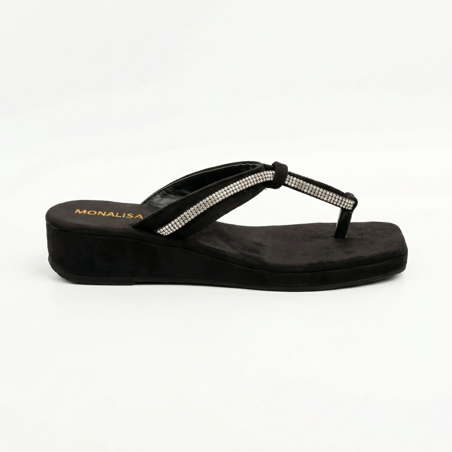 Black Suede Rhinestone Wedge Thong Sandals | Monalisa