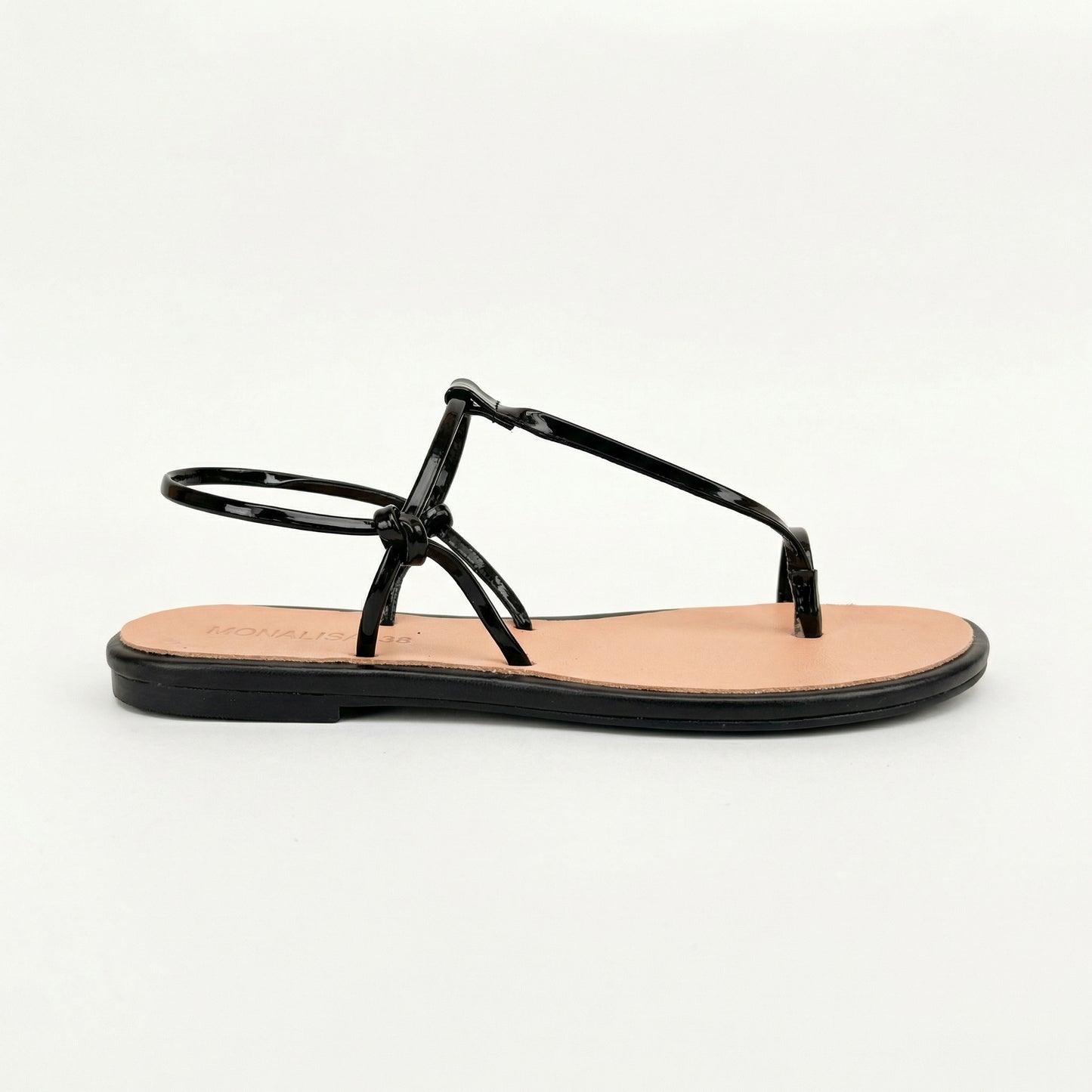 Black Patent Strappy Toe-Loop Flat Sandals | Monalisa