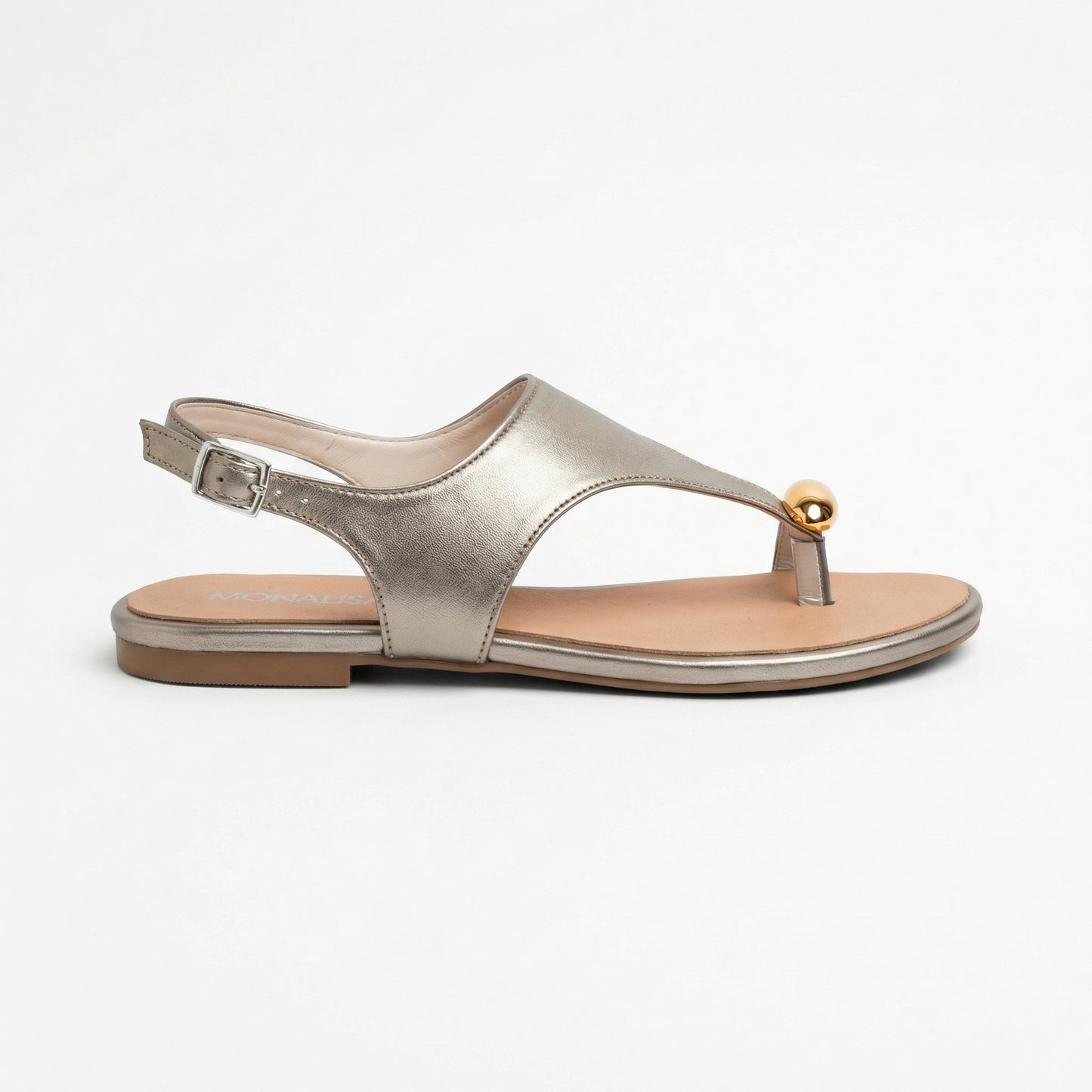 Metallic Champagne T-Strap Slingback Flat Sandals | Monalisa