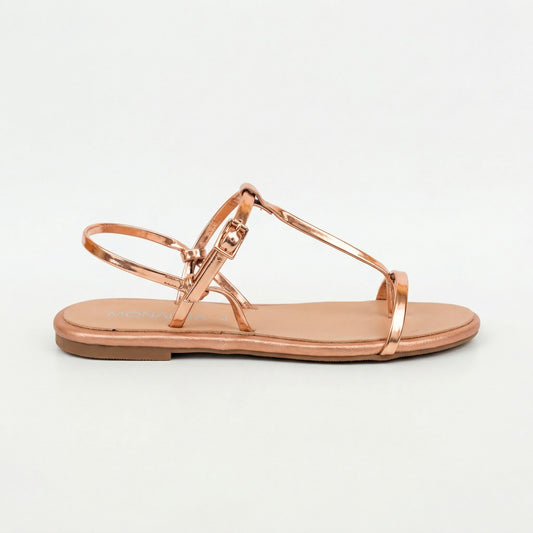Metallic Rose Gold Strappy Slingback Flat Sandals | Monalisa