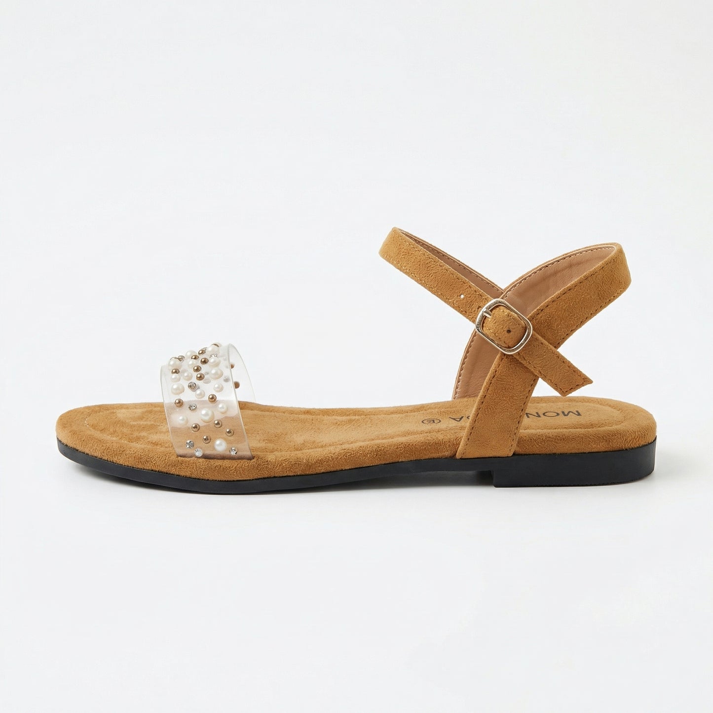 Women's Beige Suede Pearl Embellished Flat Sandals | Monalisa