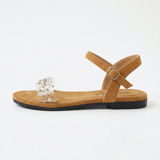 Women's Beige Suede Pearl Embellished Flat Sandals | Monalisa