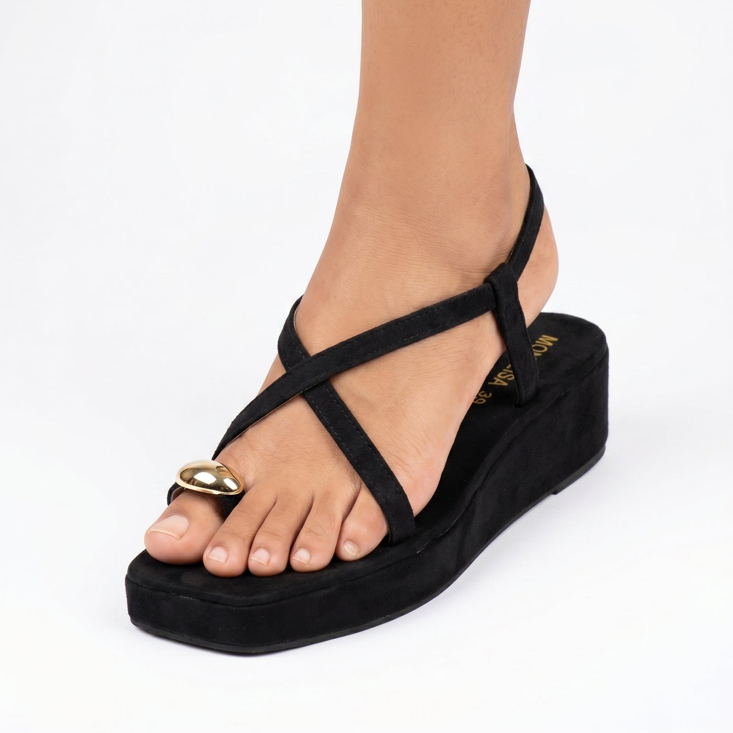 Black Suede Gold Dome Toe-Loop Wedge Sandals