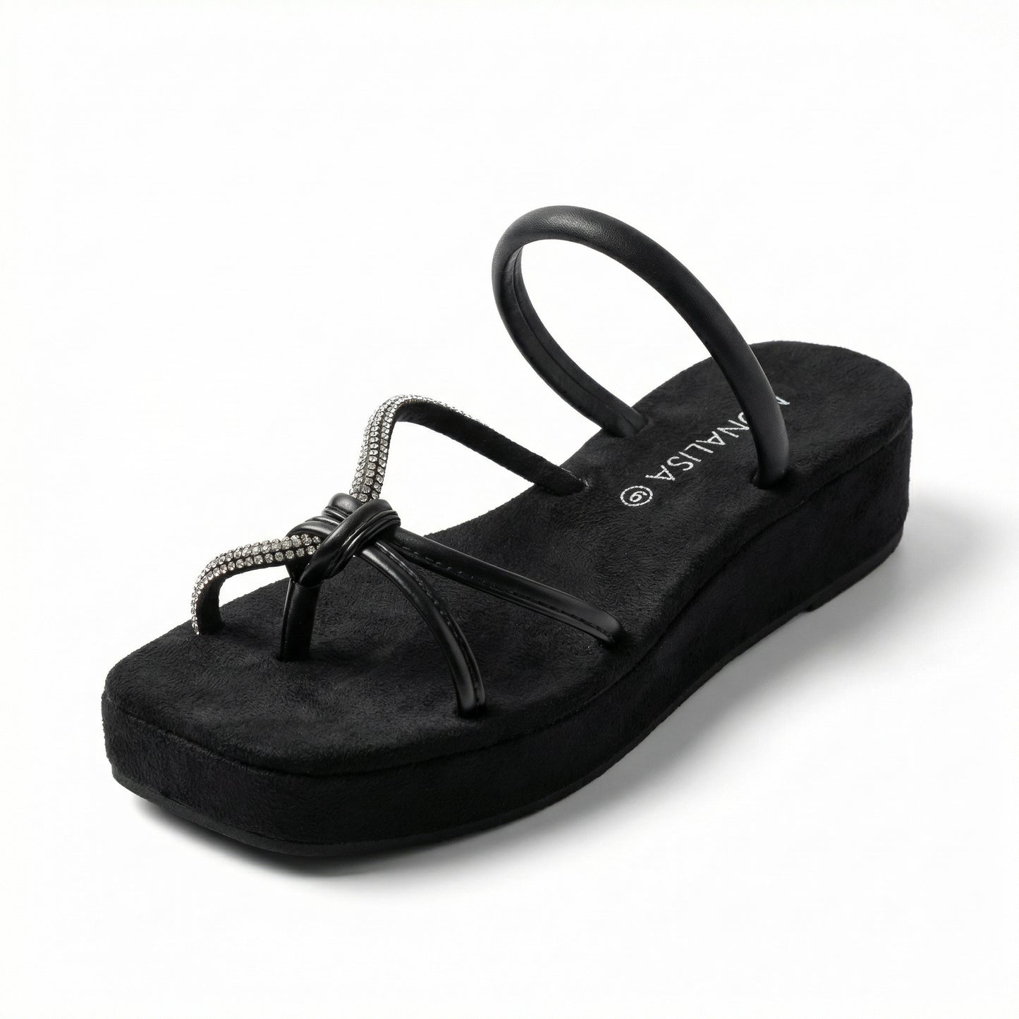 Women's Black Rhinestone Strap Sandals - Crystal Embellished Flat Slingback Footwear