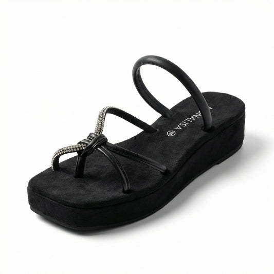 Women's Black Rhinestone Strap Sandals - Crystal Embellished Flat Slingback Footwear
