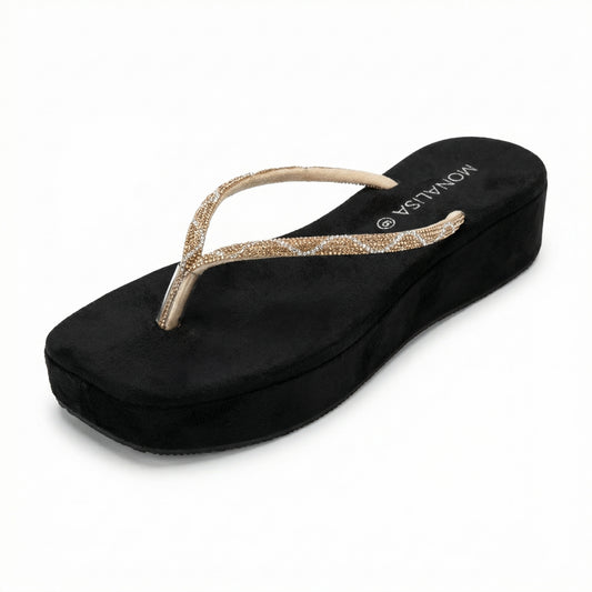 Women's Black Gold Beaded Thong Sandals - Sparkly Flat Flip Flops