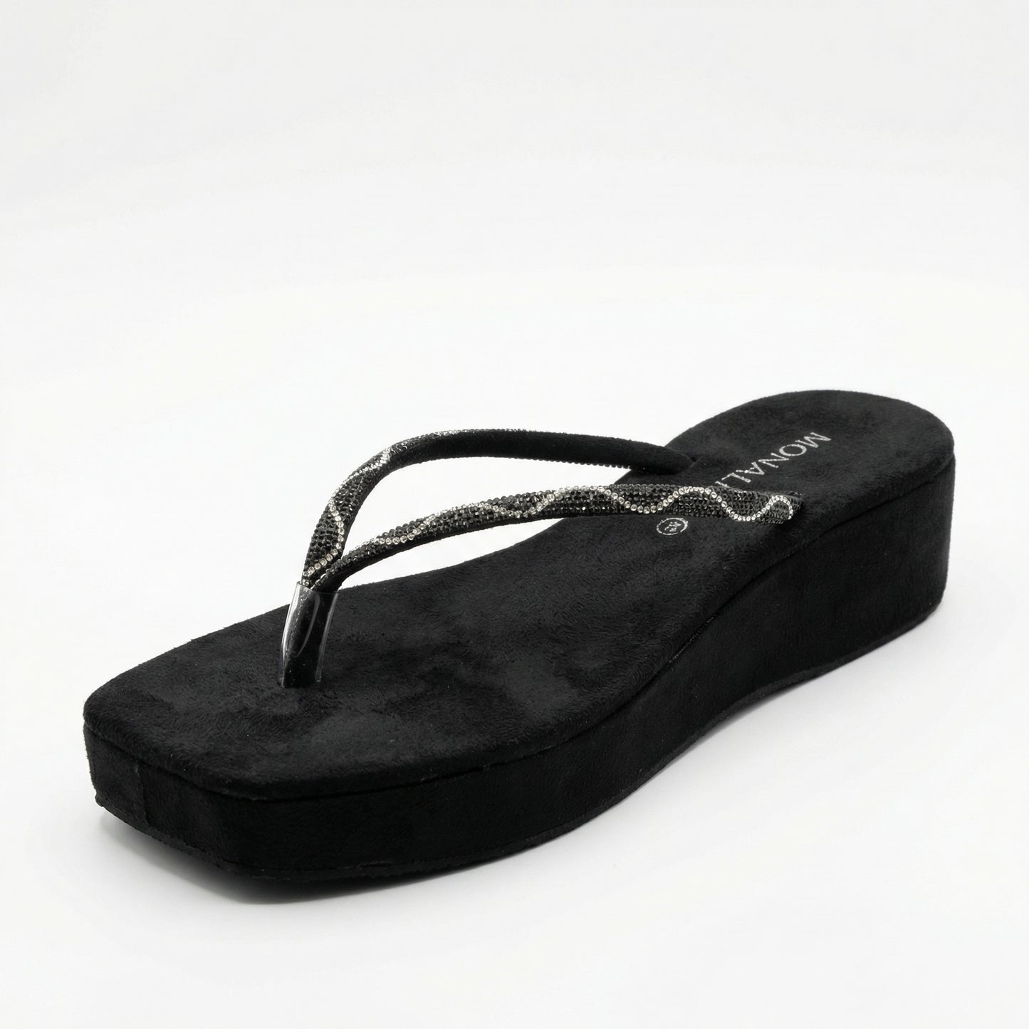 Black Suede Platform Thong Sandals with Rhinestone Straps | Monalisa