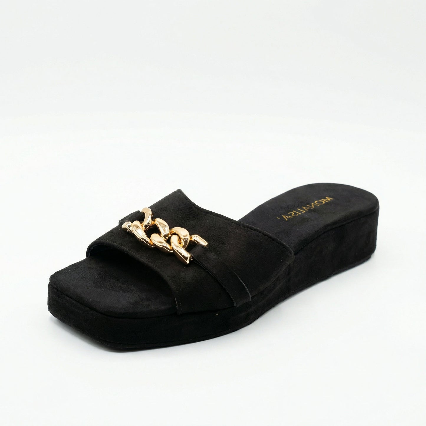 Women's Black Flat Slide Sandal with Gold Chain Accent | Monalisa