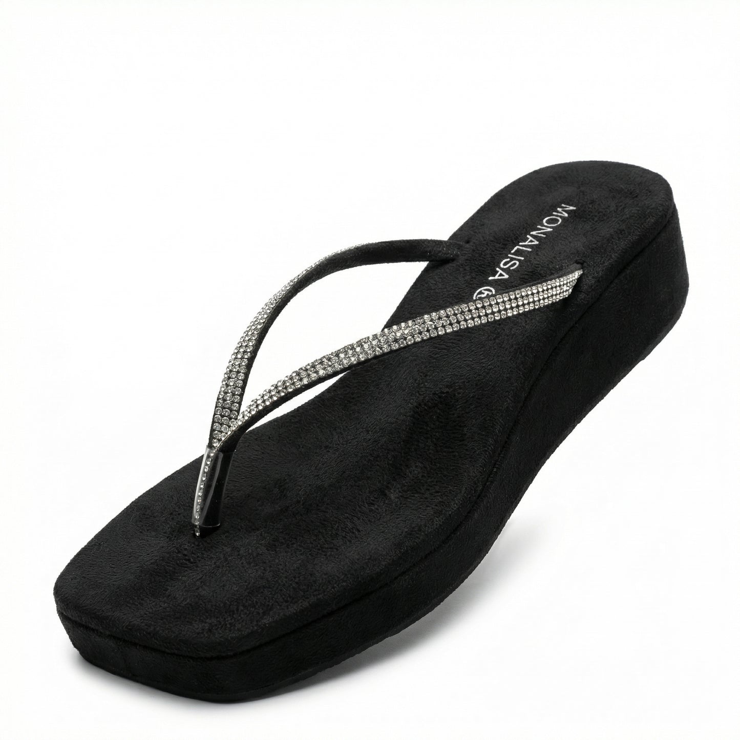 Double Row Rhinestone Wedge Flip Flops | Black
