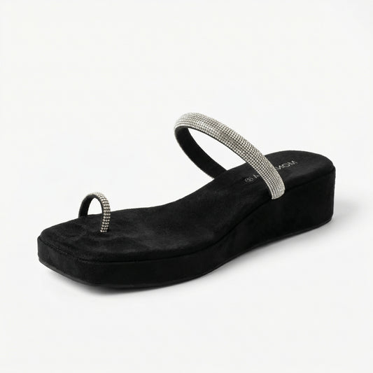 Crystal Toe-Loop Platform Sandals - Black