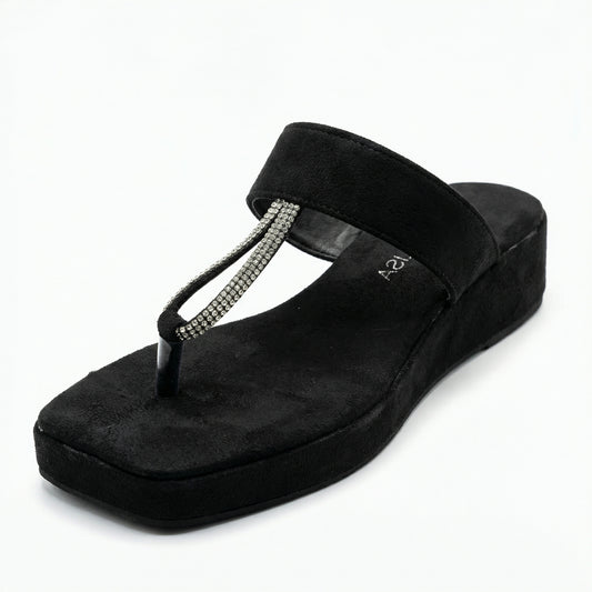 Sparkle T-Strap Square Toe Sandals - Black