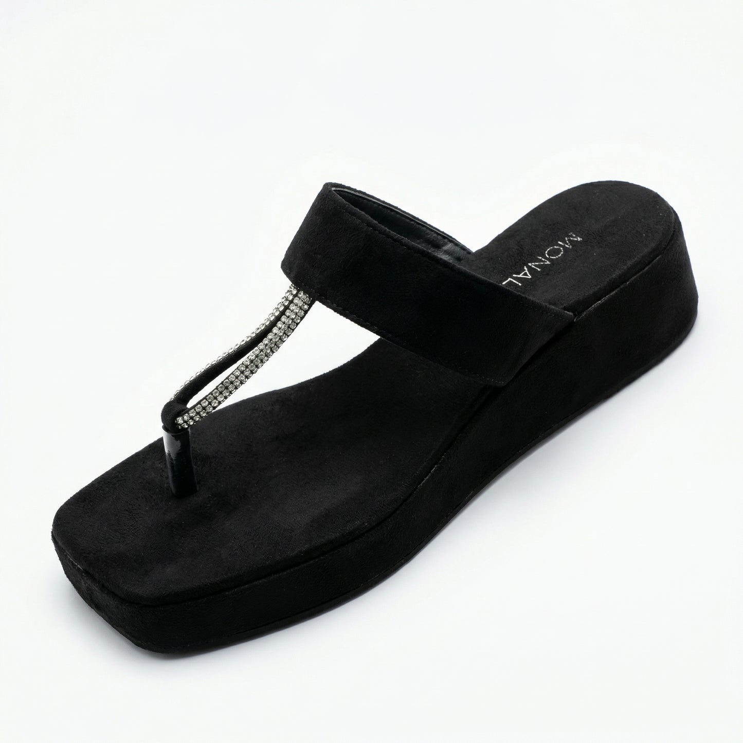 Sparkle T-Strap Square Toe Sandals - Black