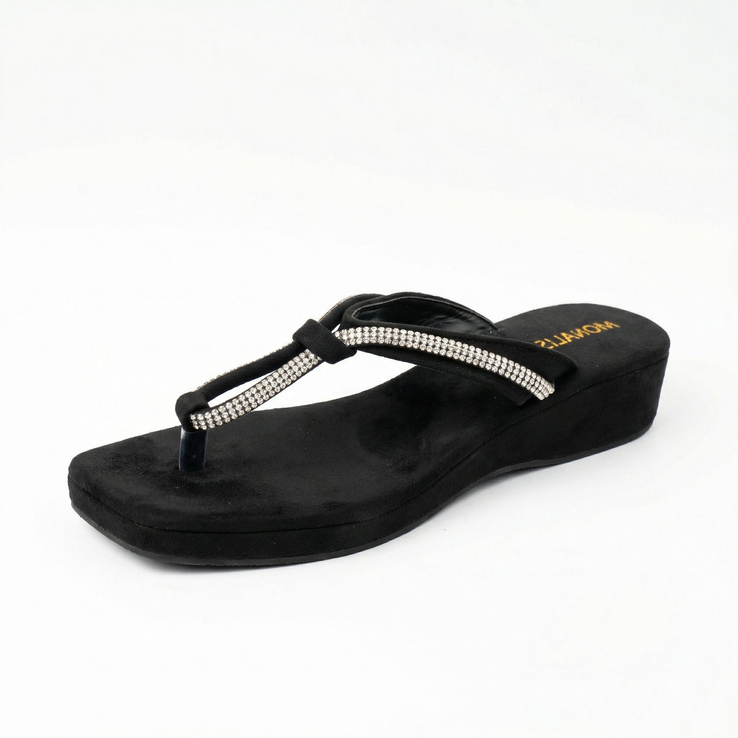 Black Suede Rhinestone Wedge Thong Sandals | Monalisa