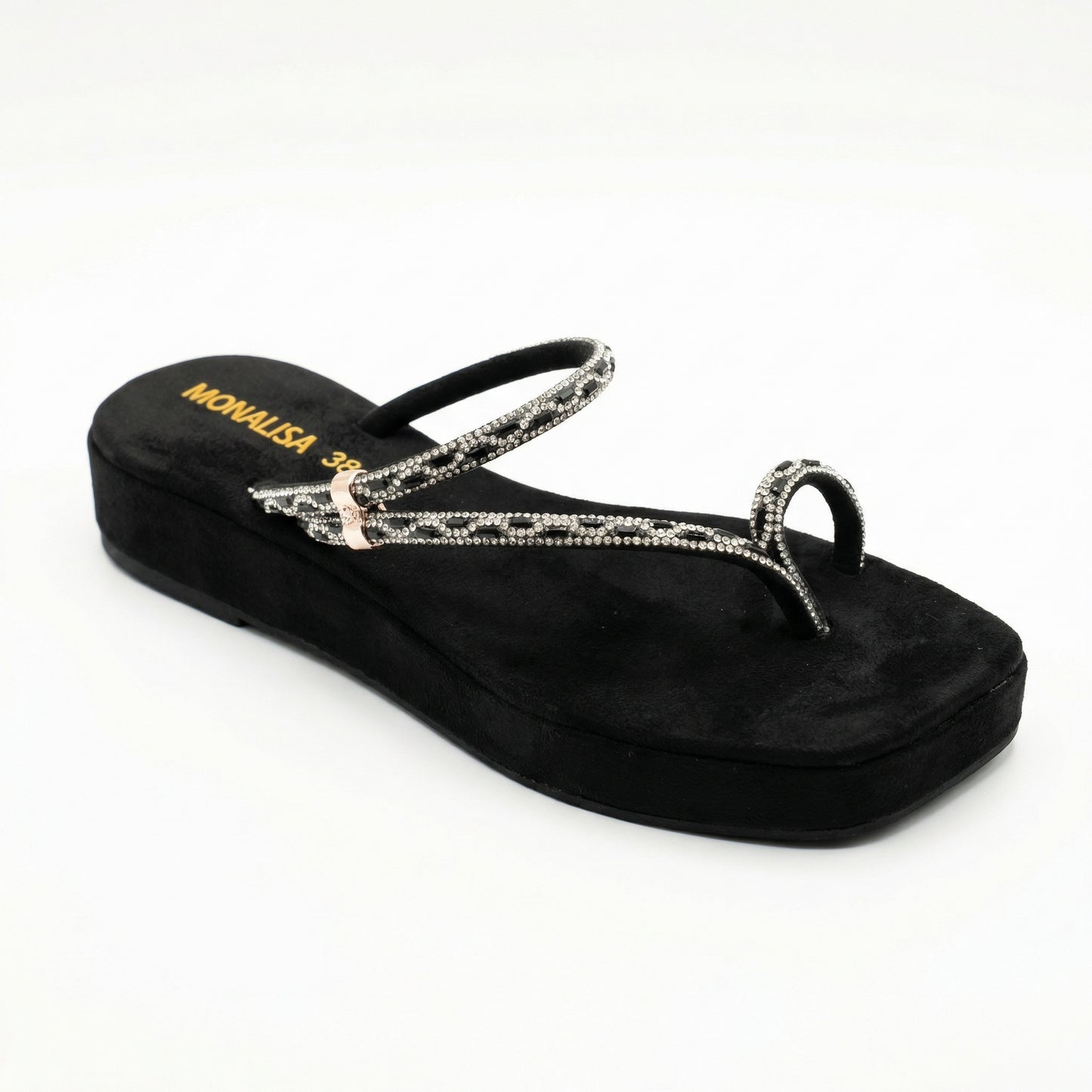 Black Rhinestone Toe-Loop Platform Sandals | Monalisa
